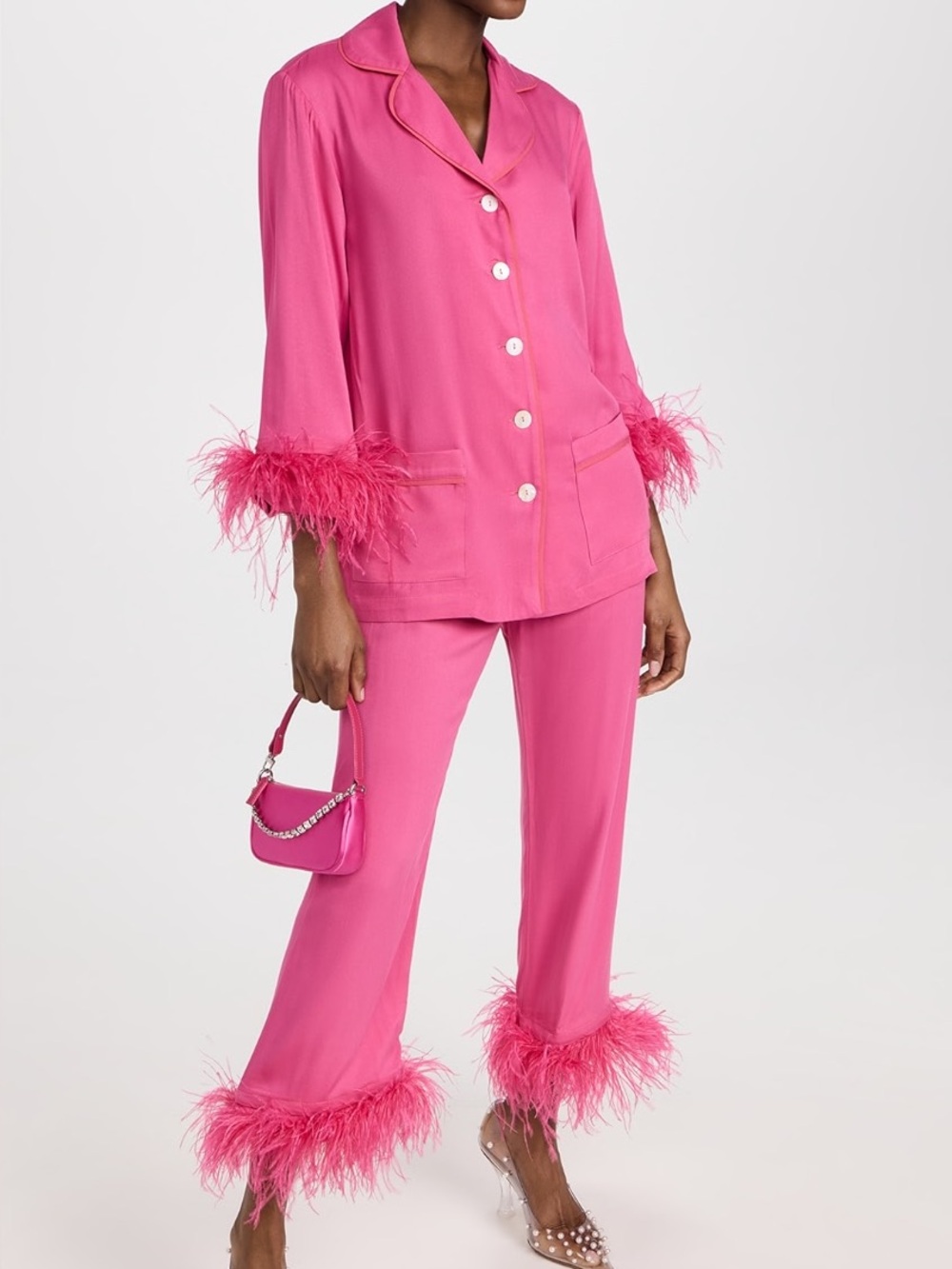 NEW SLEEPER Party Pajama Set Feathers  Hot Pink OSTRICH Trim Wide-Leg SET XL